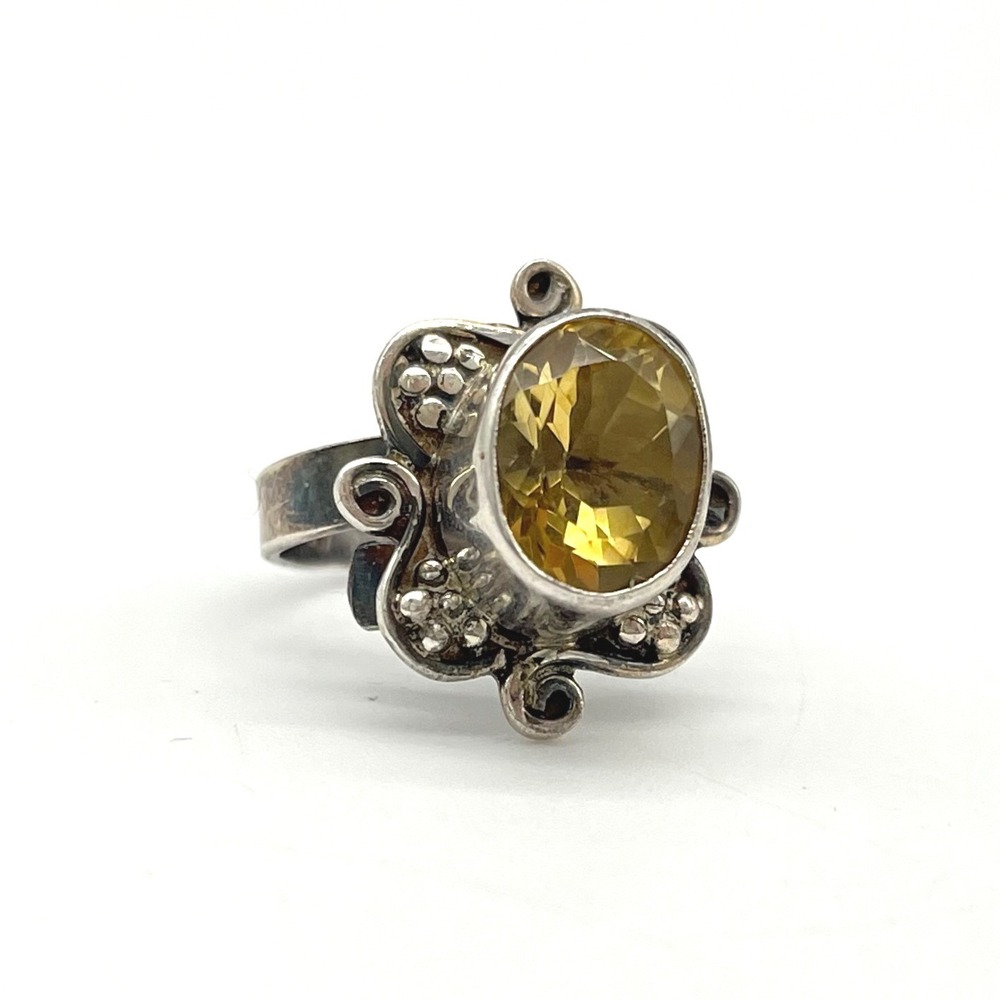 Oval Citrine Sterling‎ Silver Statement Ring Adjustable Size 7 Floral Design